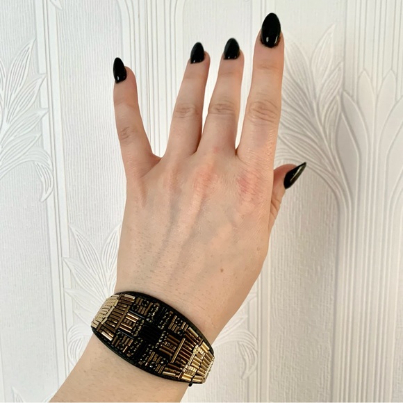 Hand beaded gold and leather adjustable bracelet - Picture 3 of 8